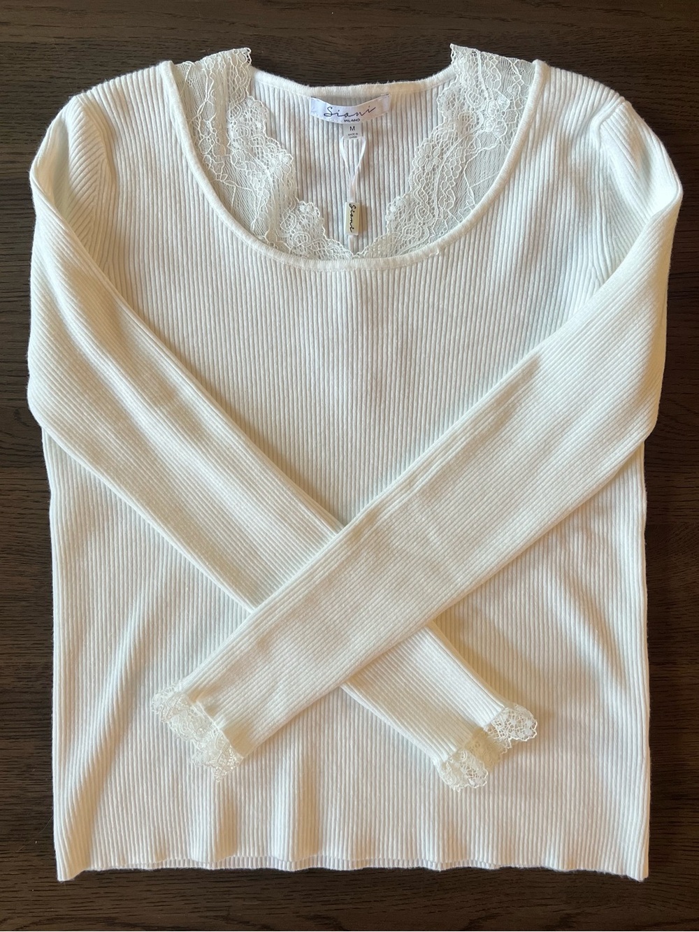 White Ribbed Long Sleeve Lightweight Knit Top with Lace Details and Ruffle Cuffs